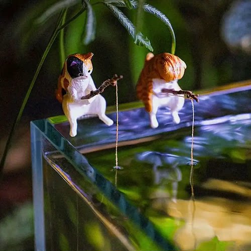 鱼缸钓鱼猫悬挂创意造景摆件桌面适用小猫钓鱼迷你微景观装饰品