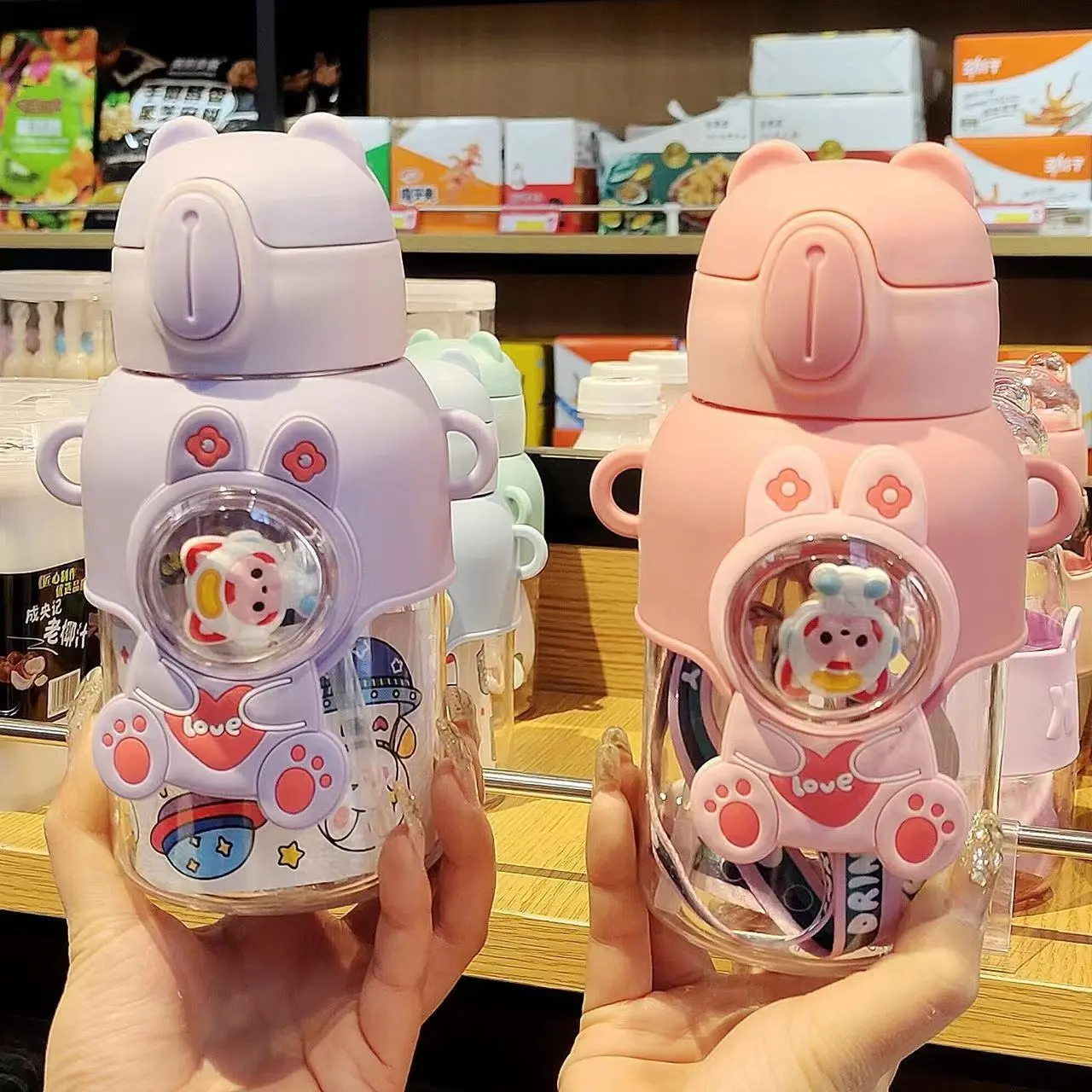 杯子ins高颜值吸管杯小孩子儿童水杯PC塑料杯防烫耐高温卡通斜挎