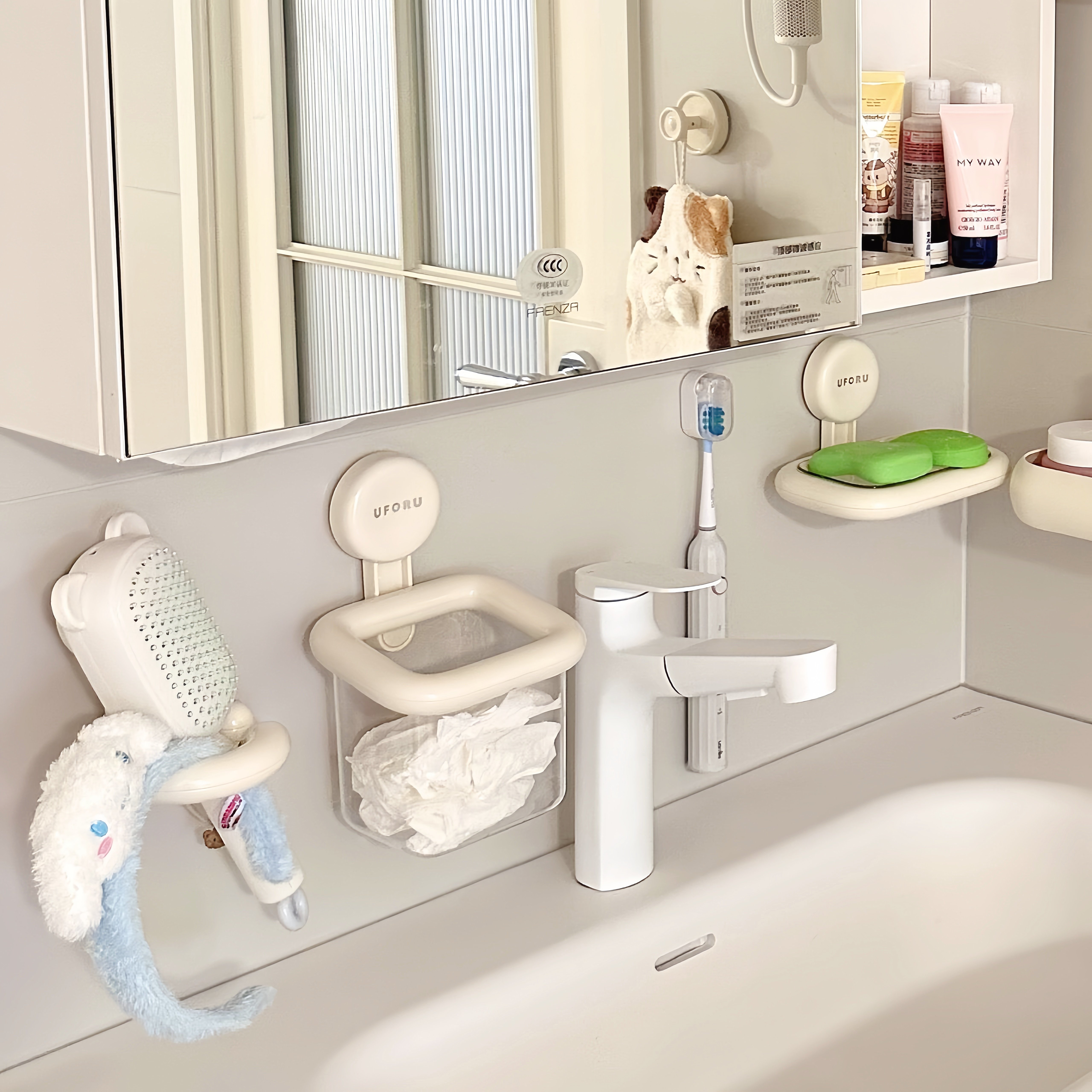 浴室墙上置物架免打孔洗脸巾收纳盒肥皂置物架吹风机支架奶油风,收纳整理,整理架/置物架/收纳架,淘宝优惠券,粉丝福利购,淘宝优惠卷