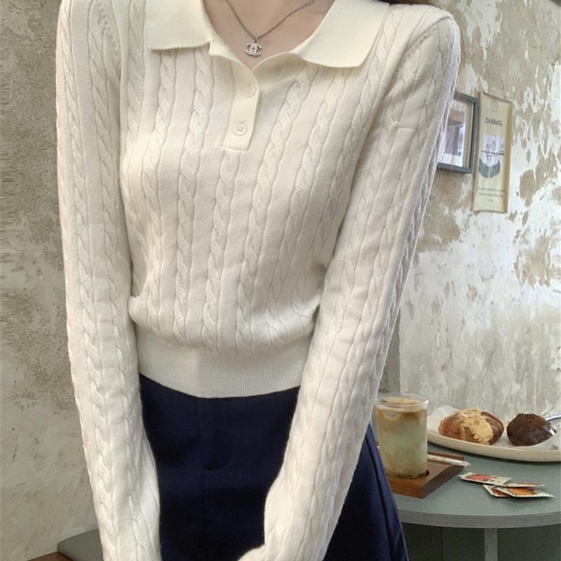 早秋2025新款巨好看polo领短款毛衣麻花长袖针织打底衫女内搭上衣