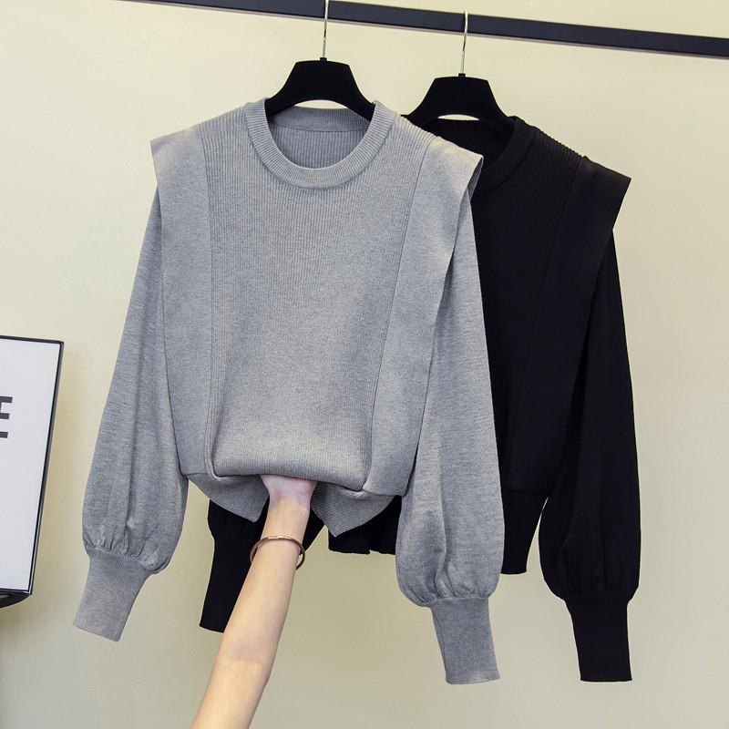 大码洋气遮肚子上衣秋冬新款胖妹妹显瘦灯笼袖T恤拼接针织打底衫