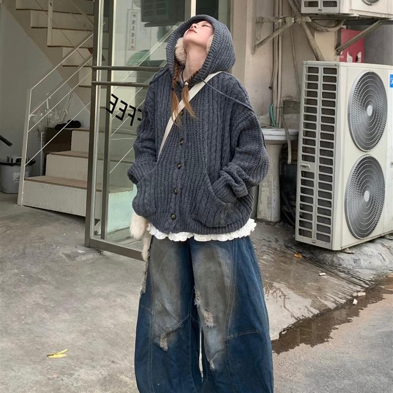 美式覆古慵懒风秋冬季新款连帽开衫毛衣外套女设计感宽松针织上衣