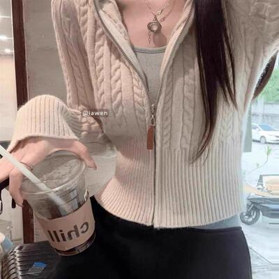 温柔气质拉链麻花毛衣外套女秋冬小个子显瘦短款打底内搭针织开衫