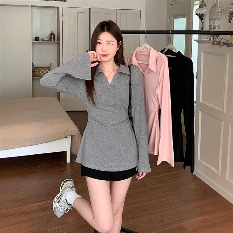 特大码女装胖mm休闲长袖T恤女2025新款收腰显瘦v领设计感内搭上衣