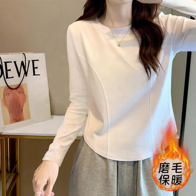 纯色打底衫上衣女秋冬磨毛加厚弧形下摆鱼骨内搭收腰短款长袖T恤