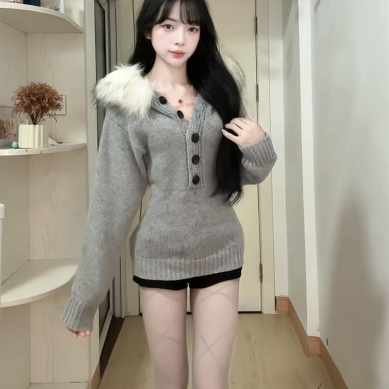 灰色毛领连帽针织衫上衣女早秋韩系小个子独特漂亮毛衣慵懒高级感