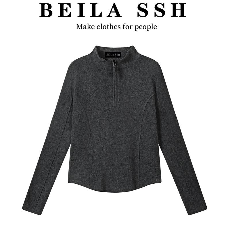BELLA灰色双面德绒立领半拉链正肩长袖t恤女春秋季打底衫内搭上衣
