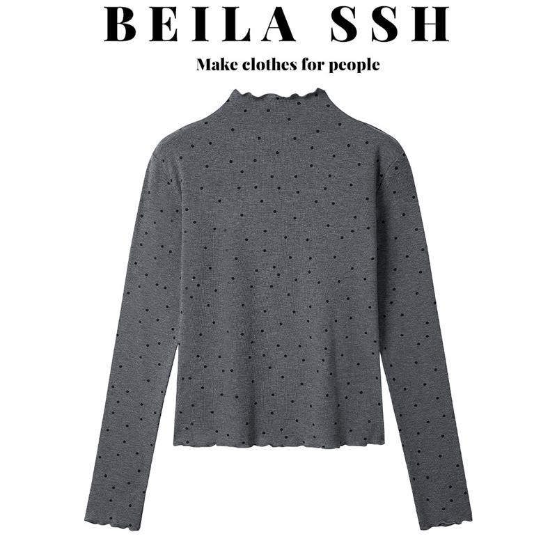 BELLA灰色波点木耳边半高领长袖t恤女春秋加绒立领打底衫内搭上衣