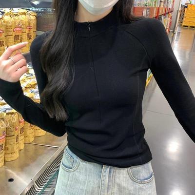 加厚加绒紧身拉链打底衫女2025新款秋冬长袖立领短款内搭T恤上衣