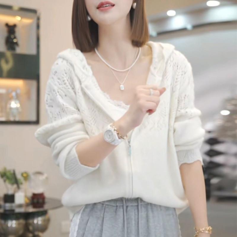 镂空钩花连帽针织衫女2025春季新款薄款法式慵懒风气质长袖上衣潮