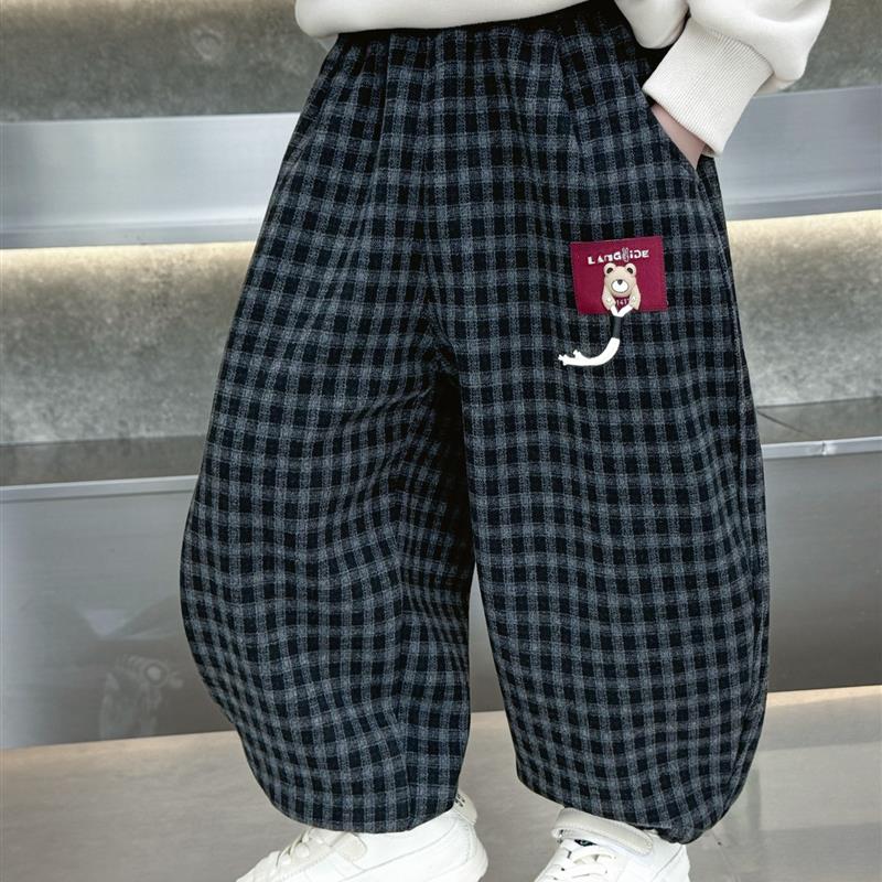 男童加绒裤子秋冬季2025新款儿童加厚格子裤男宝宝冬装一体绒长裤