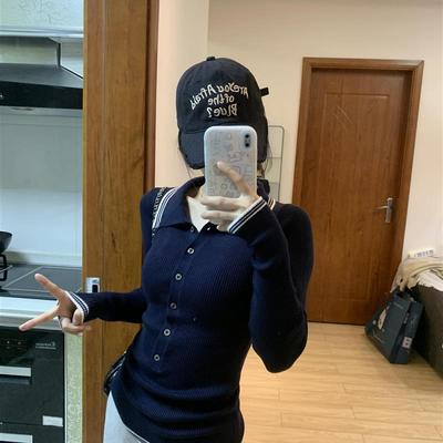 学院风POLO领针织衫女秋冬2025新款高级感内搭修身显瘦打底衫毛衣