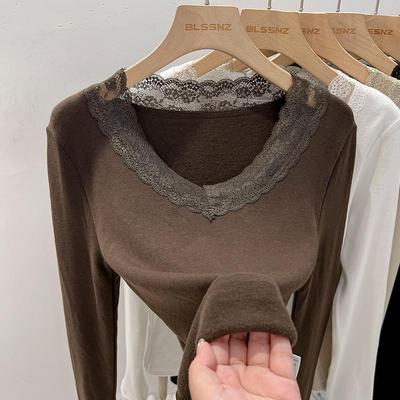 蕾丝加绒打底衫女内搭可外穿冬季设计感2024新款上衣磨毛长袖t恤