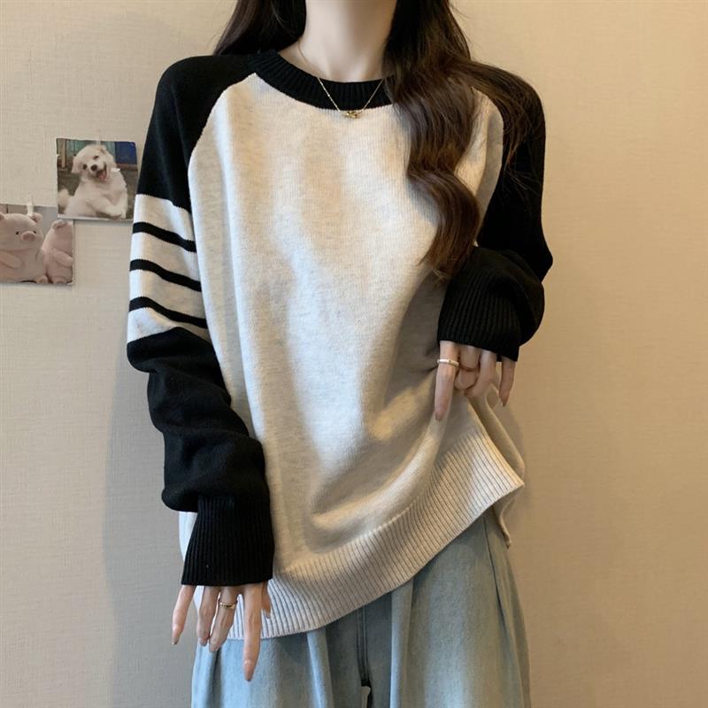 大码别致撞色套头针织打底衫女秋冬胖妹妹宽松显瘦遮肚子内搭毛衣