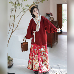 醉时阁【锦玉绒绒】冬款原创汉服明制妆花马面绣花对交穿上衣加绒