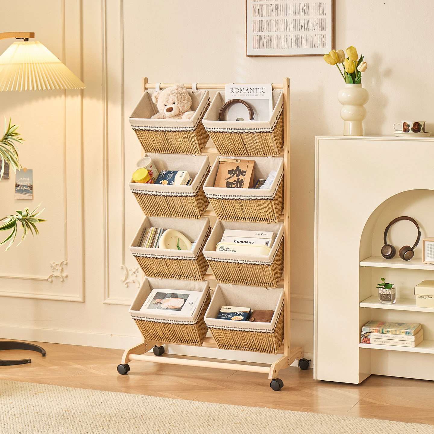 客厅实木玩具收纳架零食多层储物柜杂物整理架子带轮可移动置物架,收纳整理,整理架/置物架/收纳架,淘宝优惠券,粉丝福利购,淘宝优惠卷