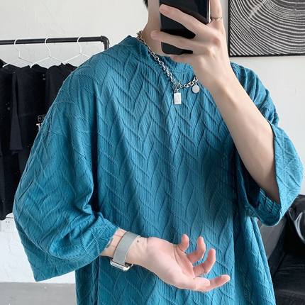 冰丝短袖t恤男夏季高级垂感五分袖衣服设计潮牌痞帅炸街男装体恤