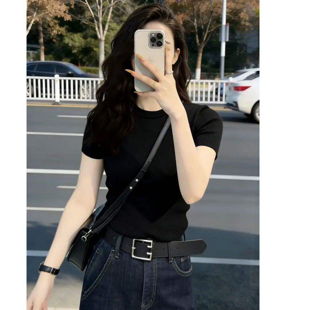 后背镂空薄款针织短袖t恤女2026春夏法式圆领修身短款小衫上衣