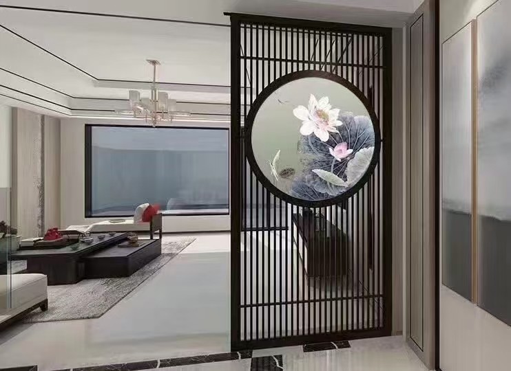 新中式屏风花格吊顶玄关木栅格背景墙半透明沙画装饰木制品屏风