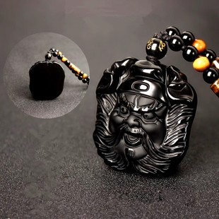 天然黑曜石钟馗吊坠男款霸气防坏人走夜路挂件女项链儿童随身饰品