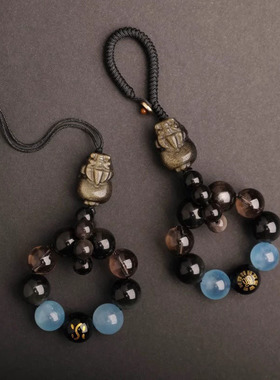 五行补喜水黑曜石海蓝宝钥匙扣挂件茶水晶金曜石貔貅手机挂饰吊坠