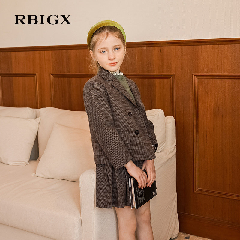RBIGX瑞比克童装秋冬季设计感套装女童复古学院风格子西服外套