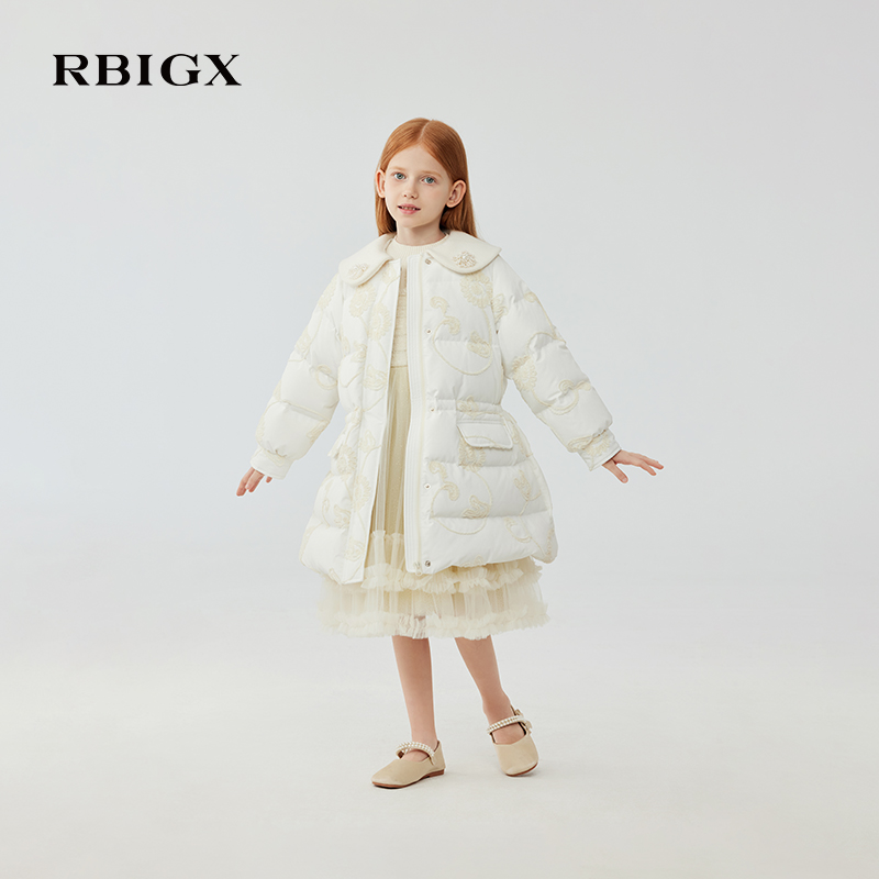RBIGX瑞比克童装2025冬季新款翻领立体保暖雪尼尔绣花朵羽绒服