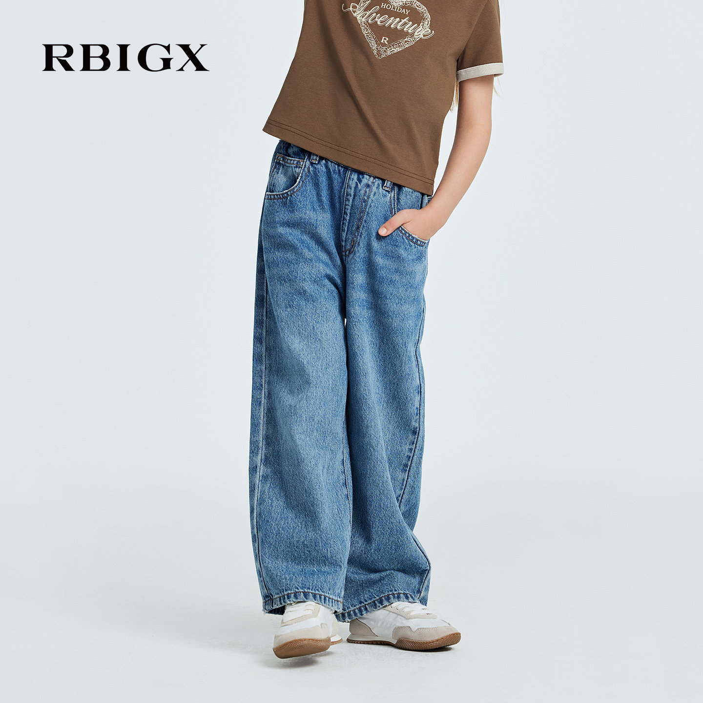 RBIGX瑞比克童装2026春季柔软舒适直筒休闲设计感牛仔裤阔腿裤