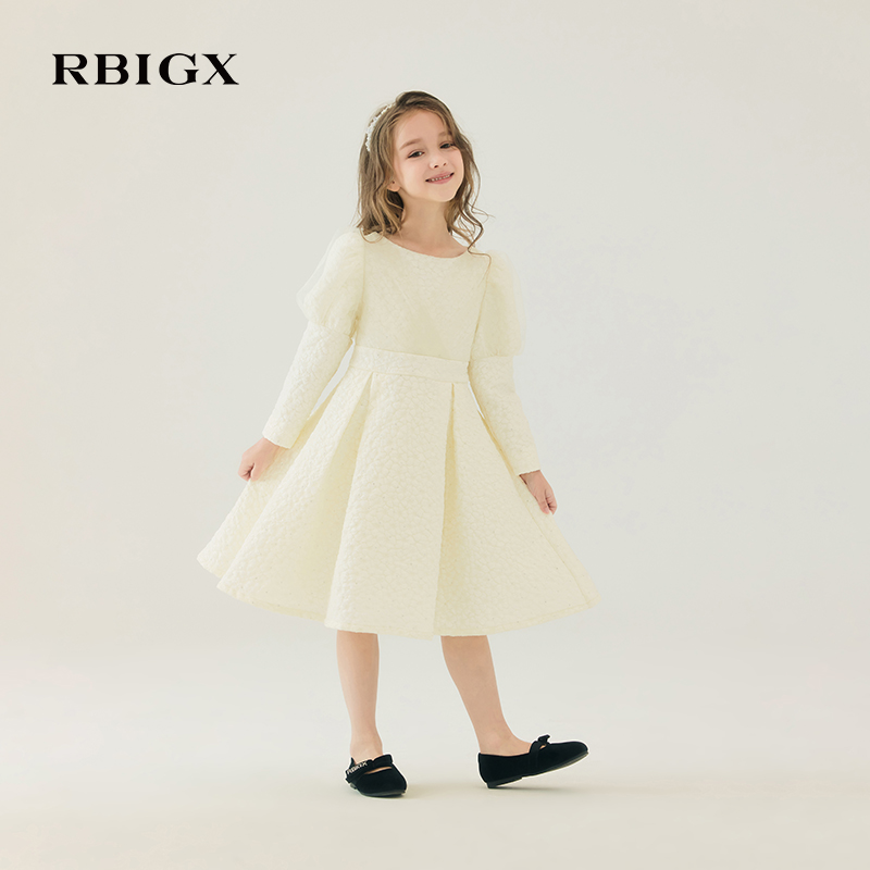 RBIGX瑞比克童装秋季新款提花泡泡袖灯笼袖女童礼服连衣裙