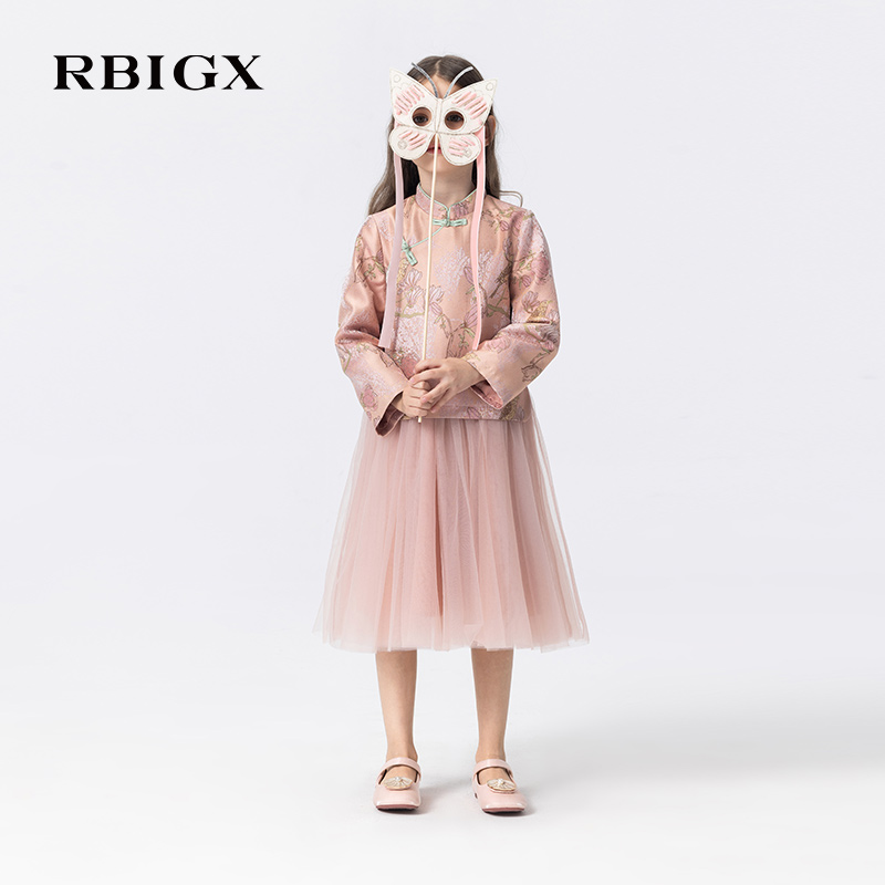 RBIGX瑞比克童装2025秋季新款女童轻盈网纱撞色中式假两件连衣裙