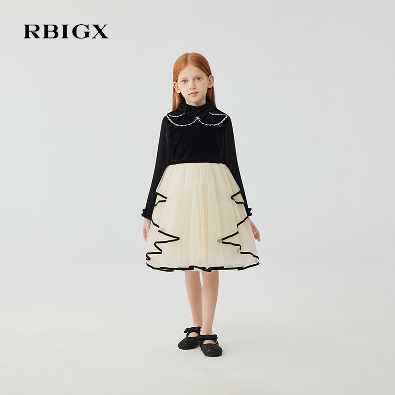 RBIGX瑞比克童装2025冬季新款拼色平绒典雅复古公主礼服连衣裙