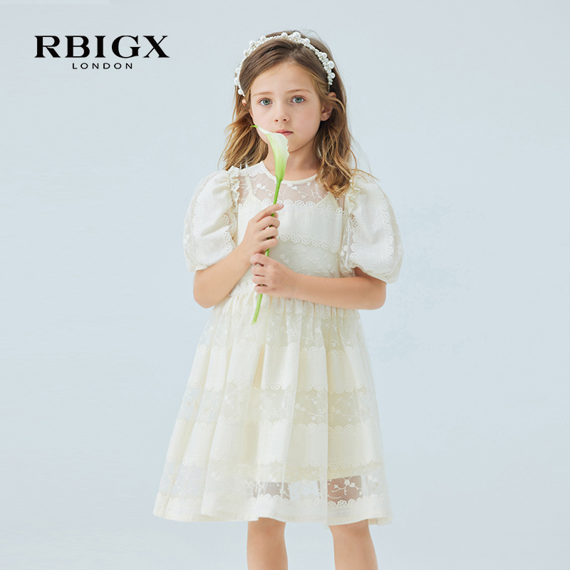 RBIGX瑞比克童装夏季新款女童公主设计感网纱棉布拼接连衣裙