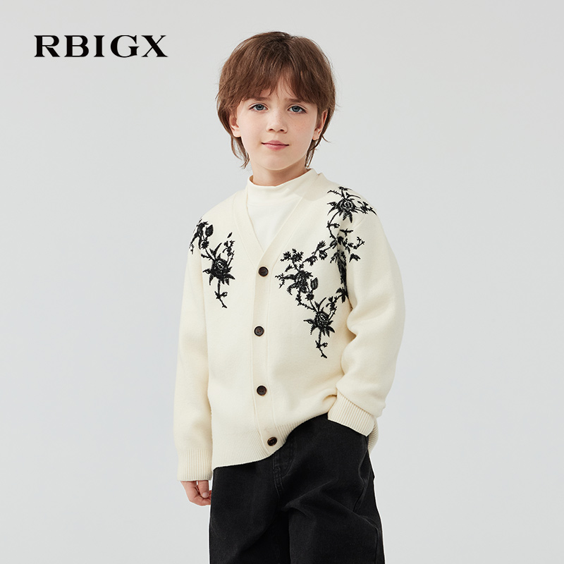 RBIGX瑞比克童装2025冬季新款国风V领宽松设计感花卉刺绣儿童开衫