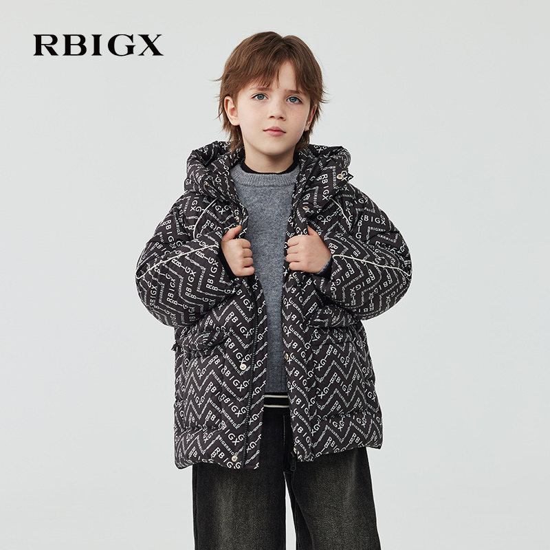 RBIGX瑞比克童装2025冬季新款花版撞色保暖字母印花设计感羽绒服