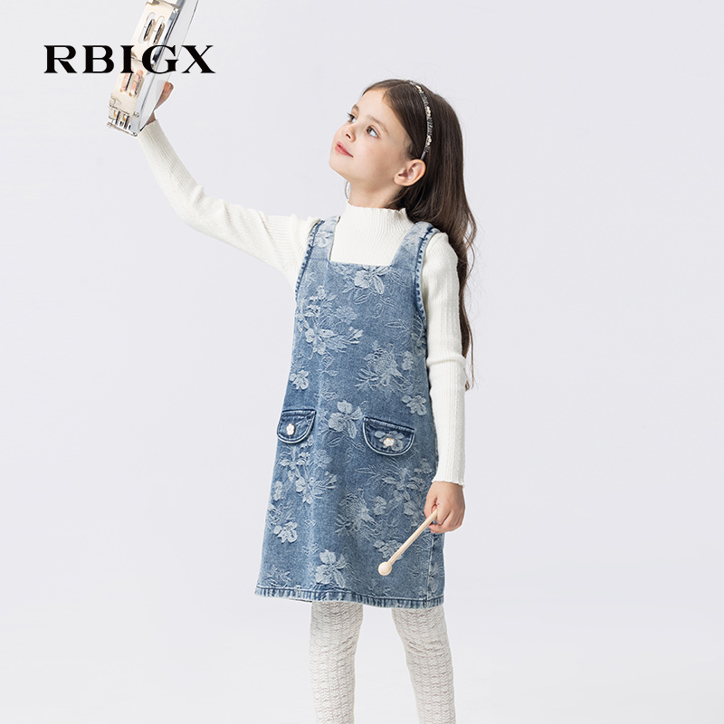 RBIGX瑞比克童装2025秋季新款花朵型纽扣设计感提花牛仔连衣裙