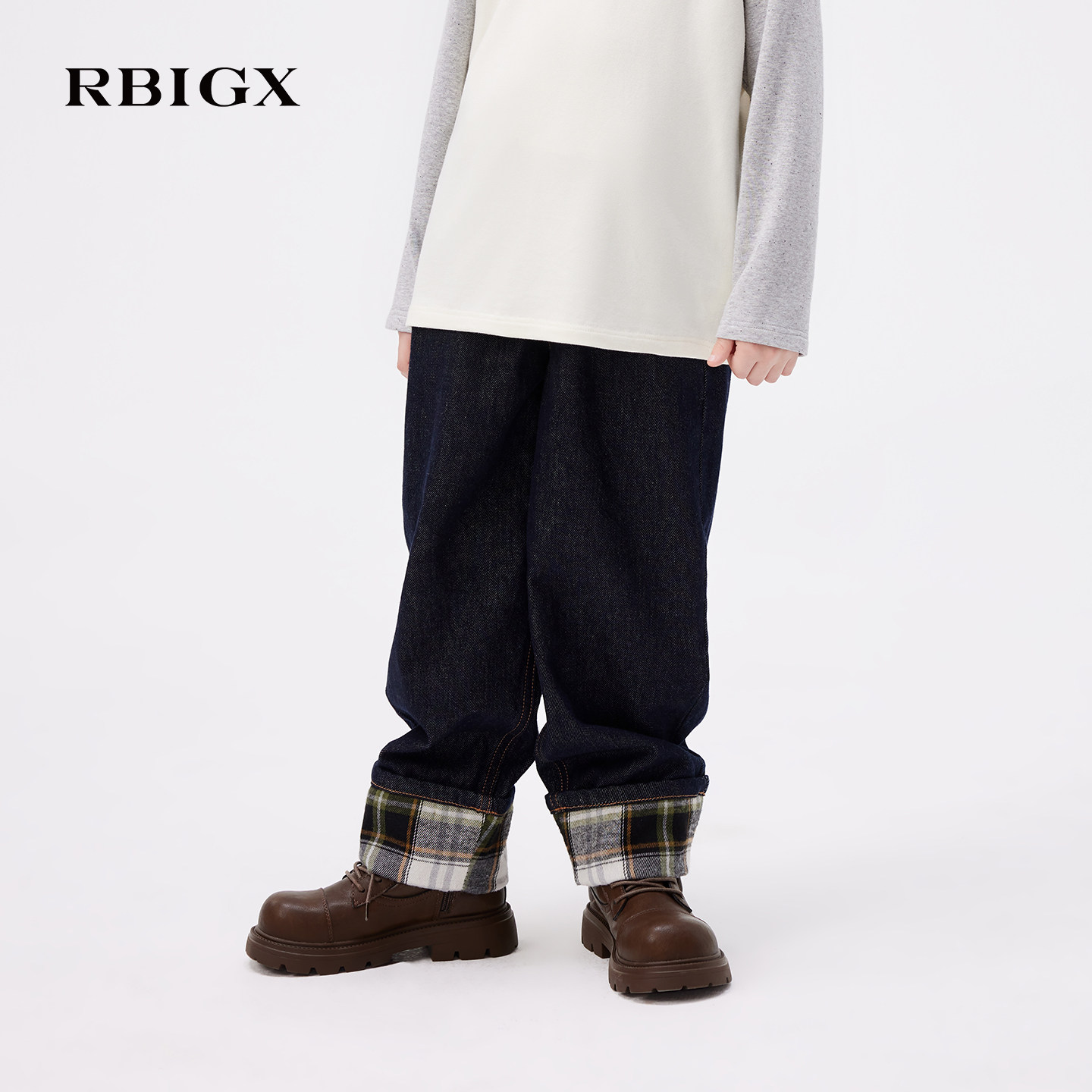 【商场同款】RBIGX瑞比克童装25秋季新款翻脚格纹牛仔蓝牛仔裤