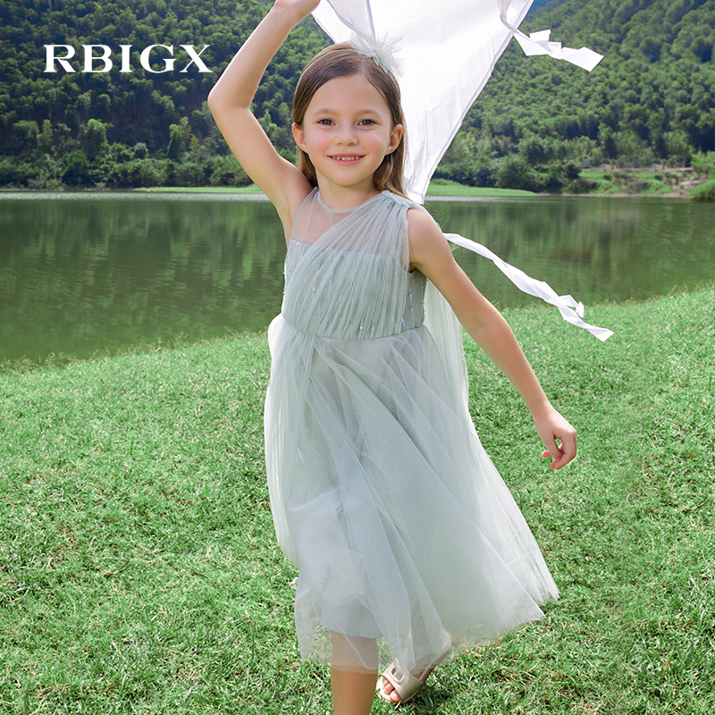 RBIGX瑞比克童装2025夏季新款斜肩设计飘带无袖连衣裙礼服裙