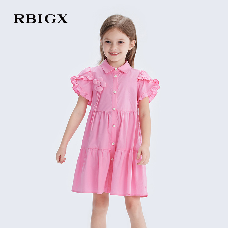 RBIGX瑞比克童装2025夏季新款棉布衬衫木耳边女童设计感连衣裙