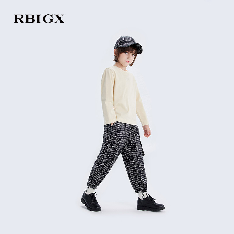 rbigx瑞比克童装2024春季新款圆领条纹字母绣花宽松长袖t恤