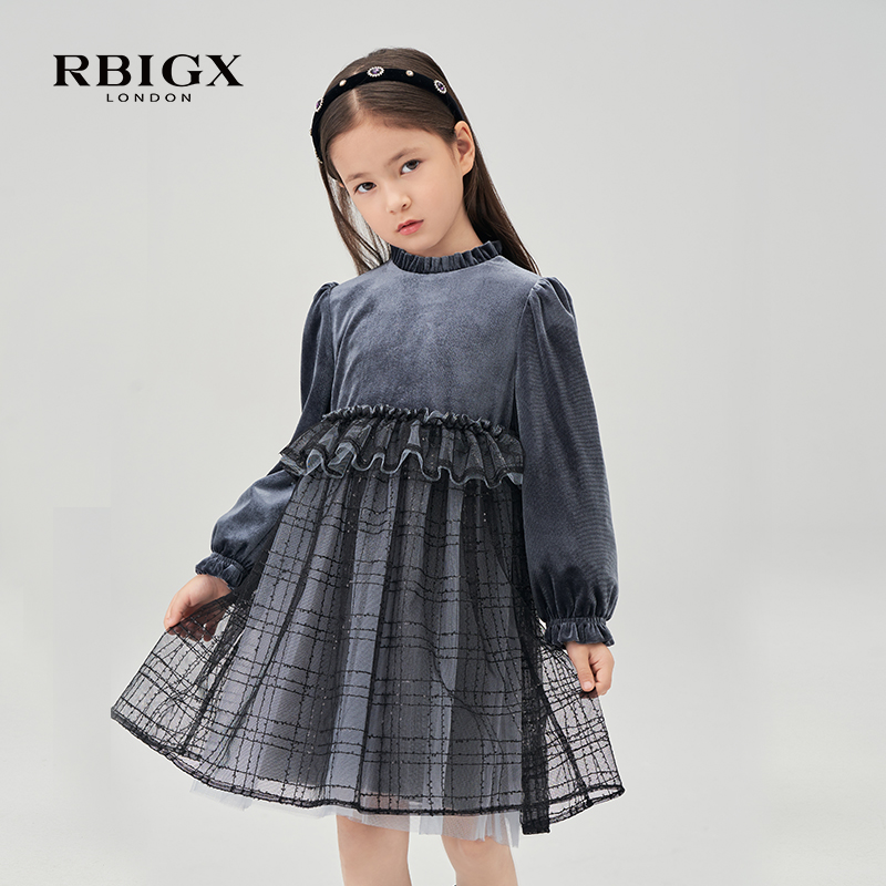 RBIGX瑞比克童装冬季新款百搭潮流设计感珠片网纱丝绒连衣裙