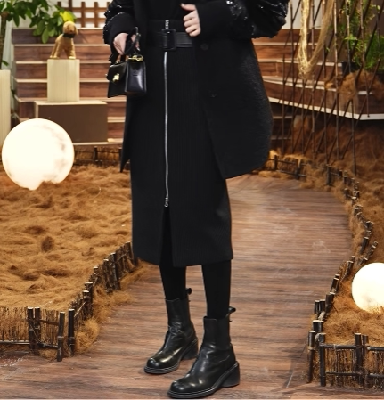 尘颐·墨影悠长 冬季新款羊毛拉链半裙可拆卸羽绒半身裙女