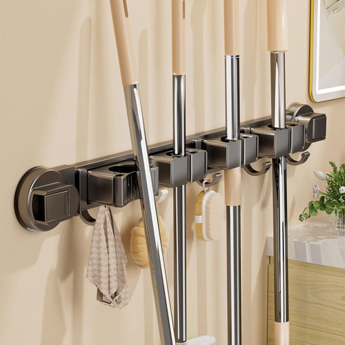 Suction Mop Holder Wall Mount Broom Rack Bathroom Organizer
