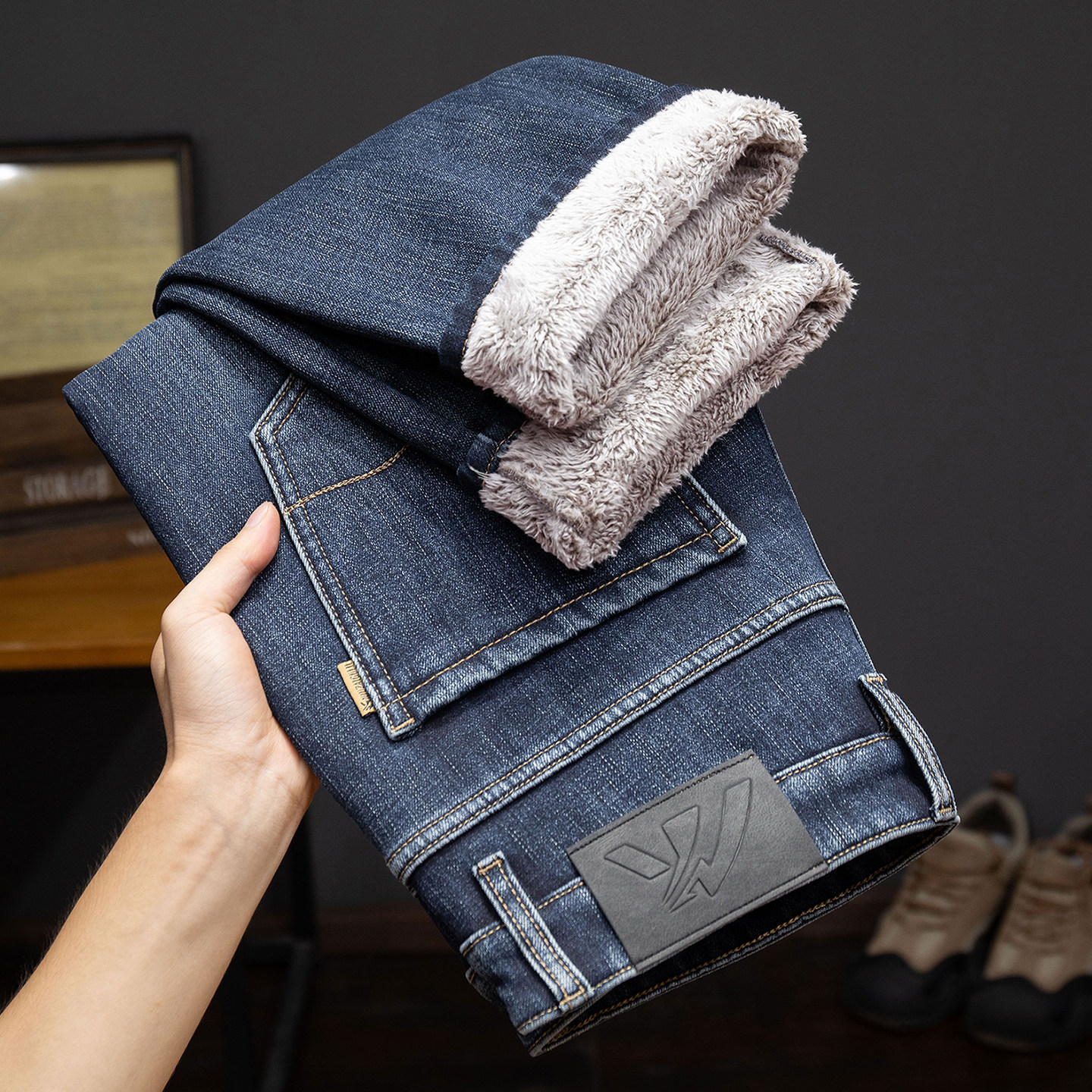 2025新款高端加绒牛仔裤男士修身直筒弹力加厚款秋冬季保暖长裤子