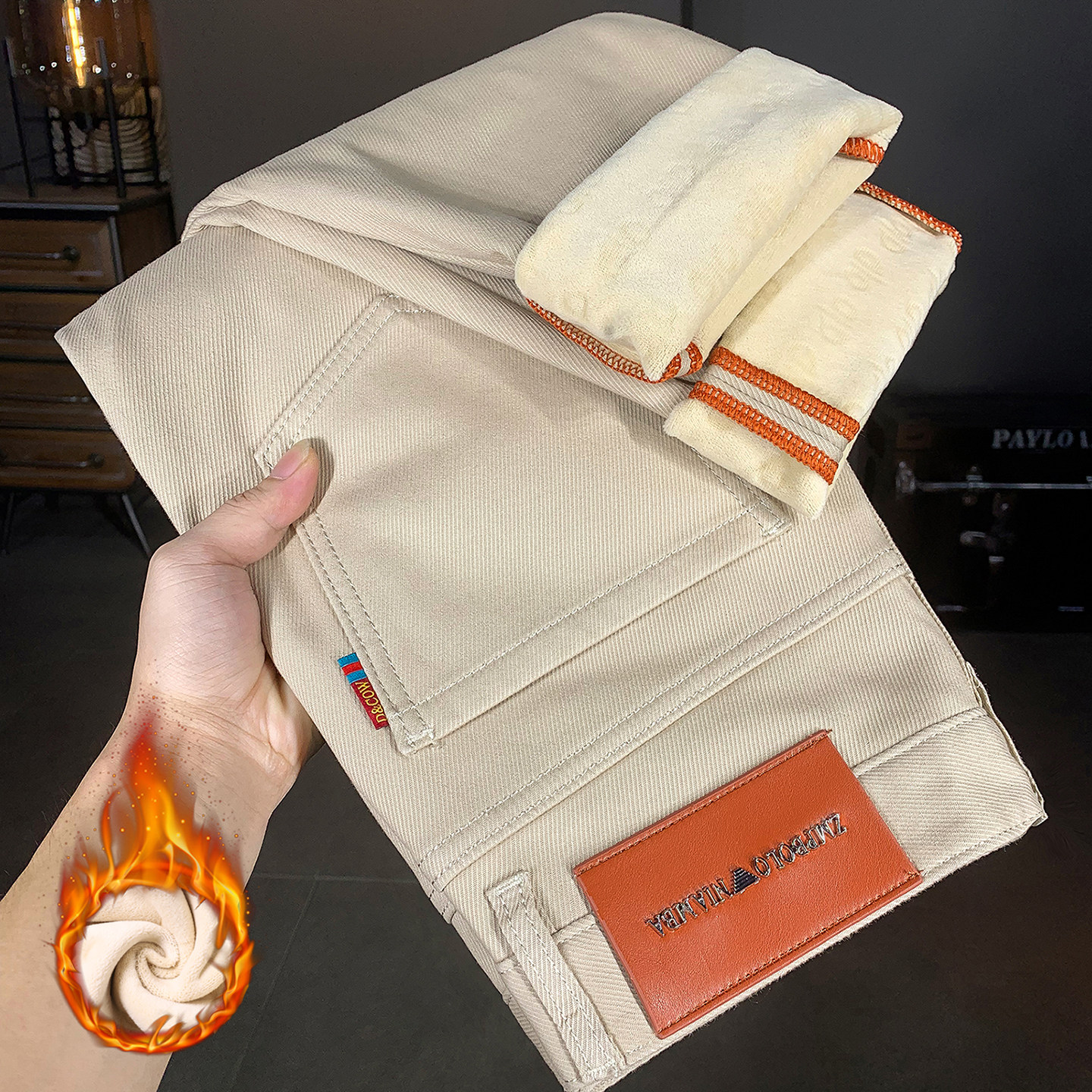 意大利进口高端纯棉加绒牛仔裤男冬季新款修身小脚卡其色保暖裤子