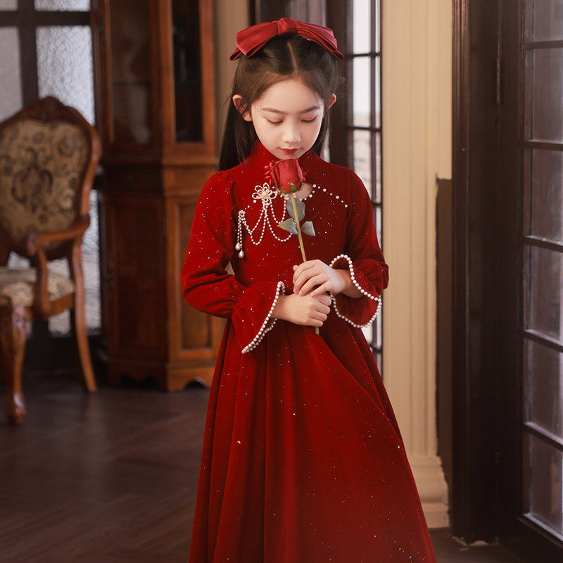 女童主持人礼服秋冬儿童高端红色新年公主裙小女孩钢琴演奏演出服