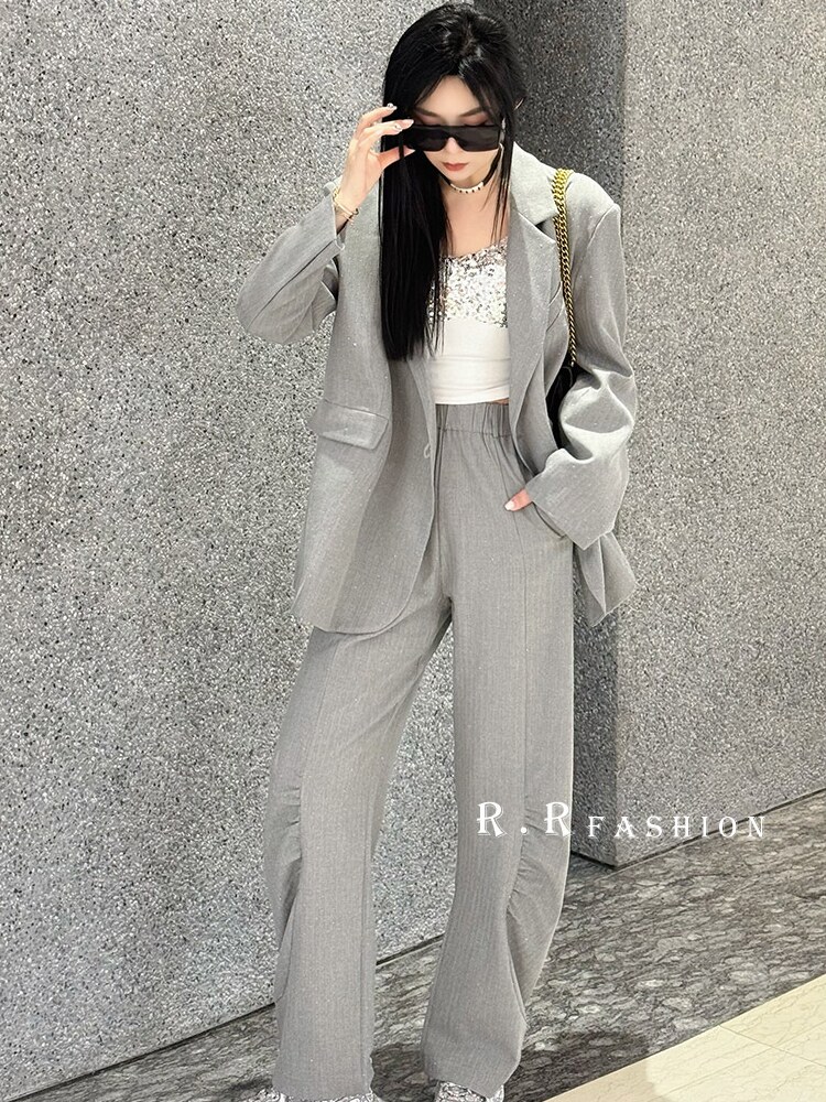 RR fashion 时尚长袖西服高腰长裤西装套装两件套女2024夏季新款