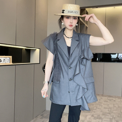 格子马甲女2025夏季新款设计感网纱木耳边拼接外套中长款无袖上衣