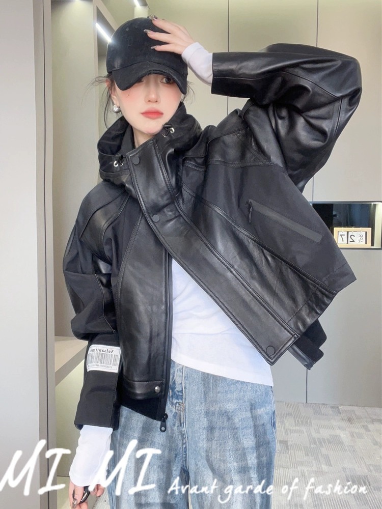 2023秋季新款百搭连帽皮衣外套女