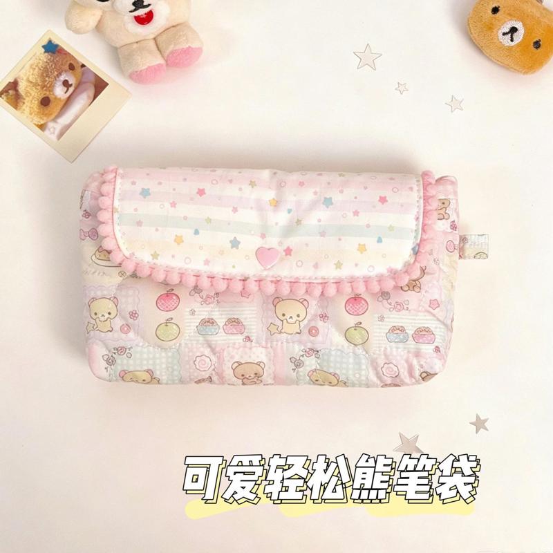 【店铺热销】日系轻松熊毛绒球花边笔袋 少女心彩虹星星大容量学图片