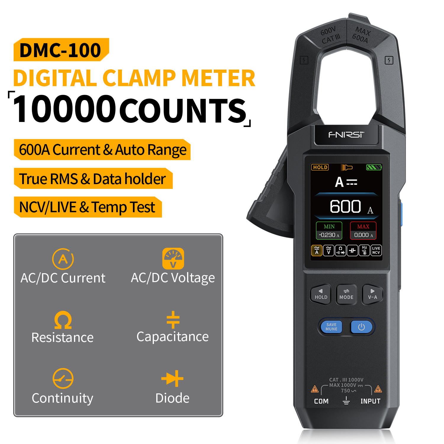 FNIRSI DMC-100 Digital Clamp Meter 10000 Counts 600A Current - 实物图
